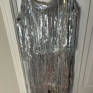 New York & Company Silver Sequin Fringe Flapper Gown